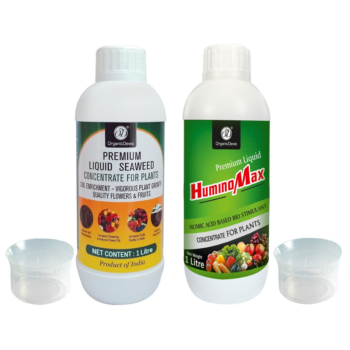 OrganicDews Liquid Seaweed Fertilizer & Humic Acid Fertilizer Combo Based Bio Stimulant for Plants Measuring Cap 25 ml - Plant Growth Enhancer, Soil Conditioner for Indoor & Outdoor