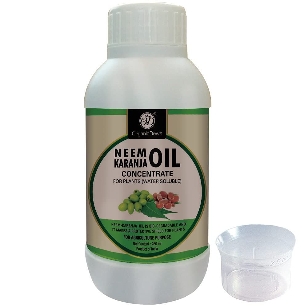 OrganicDews Pure Neem-Karanja Oil Water-Soluble Plant Oil – 250 ml with 25 ml Measuring Cup – Helps Control Garden Insects & Fungal Diseases on Plants – Suitable for Home Gardens & Farming