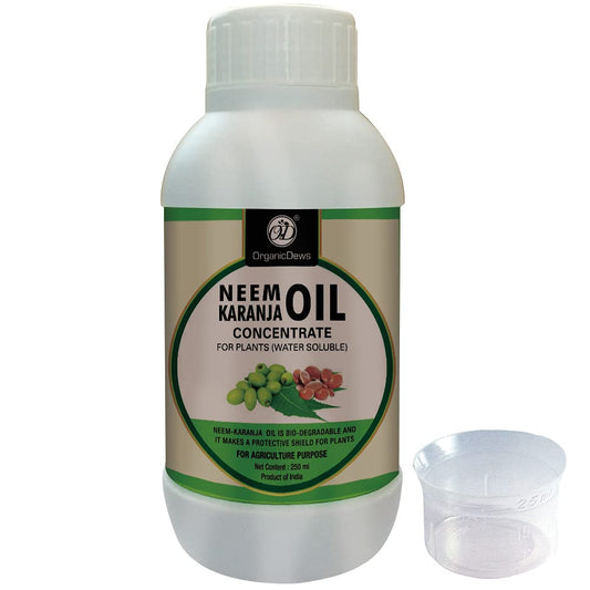 OrganicDews Pure Neem-Karanja Oil Water-Soluble Plant Oil – 250 ml with 25 ml Measuring Cup – Helps Control Garden Insects & Fungal Diseases on Plants – Suitable for Home Gardens & Farming