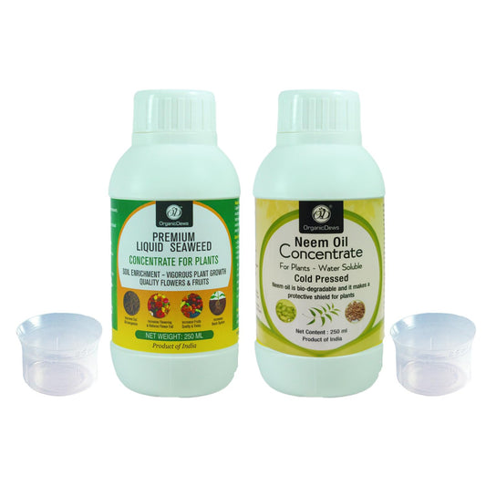 OrganicDews Liquid Seaweed Fertilizer & Neem Seed Oil 1500 PPM -  Combo with Measuring Cup 25 ml - Plant Growth Enhancer cum Protector, Soil Conditioner