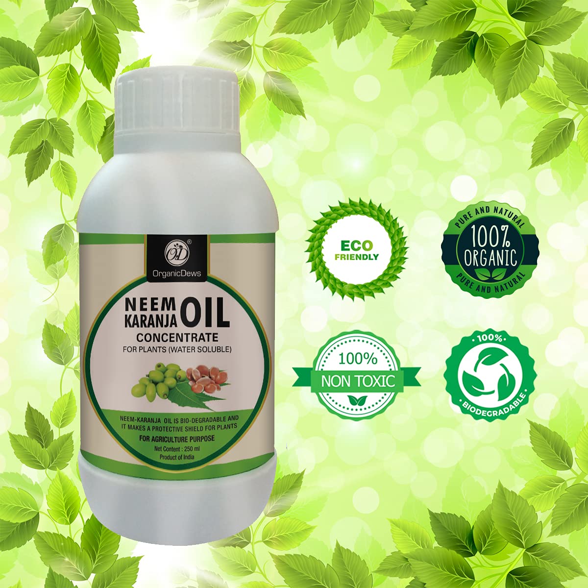 OrganicDews Pure Neem-Karanja Oil Water-Soluble Plant Oil – 250 ml with 25 ml Measuring Cup – Helps Control Garden Insects & Fungal Diseases on Plants – Suitable for Home Gardens & Farming
