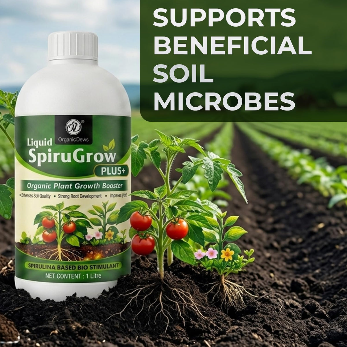 OrganicDews Liquid Spirulina Based Biostimulant for Plants - Organic Plant Growth Booster Improves Root Growth, Leaf Health & Flowering - For Indoor, Outdoor, Terrace & Garden Plants
