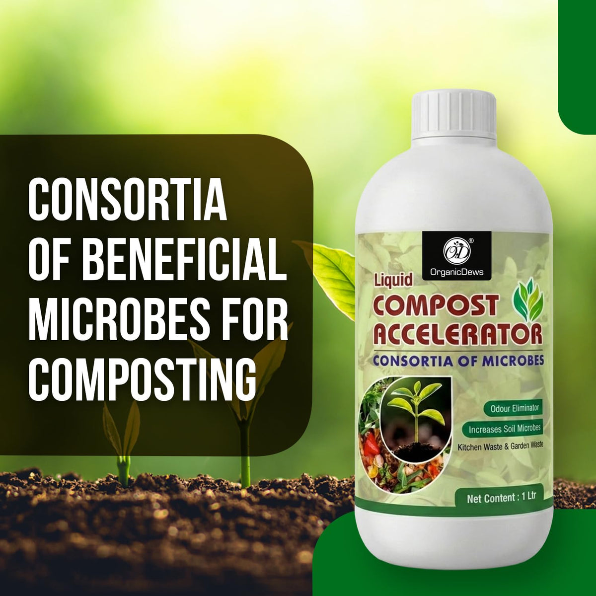 OrganicDews Liquid Compost Accelerator Microbial Inoculum for Faster Composting of Kitchen & Garden Waste – Suitable for Indoor Compost Bins & Outdoor Composting – Helps Reduce Odour