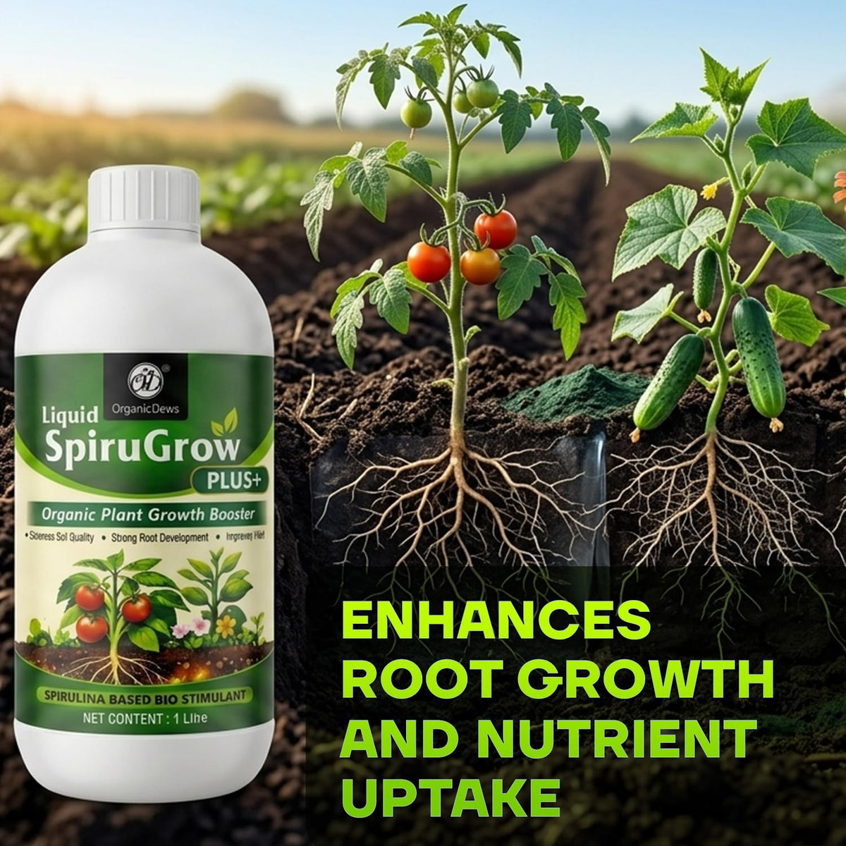 OrganicDews Liquid Spirulina Based Biostimulant for Plants - Organic Plant Growth Booster Improves Root Growth, Leaf Health & Flowering - For Indoor, Outdoor, Terrace & Garden Plants