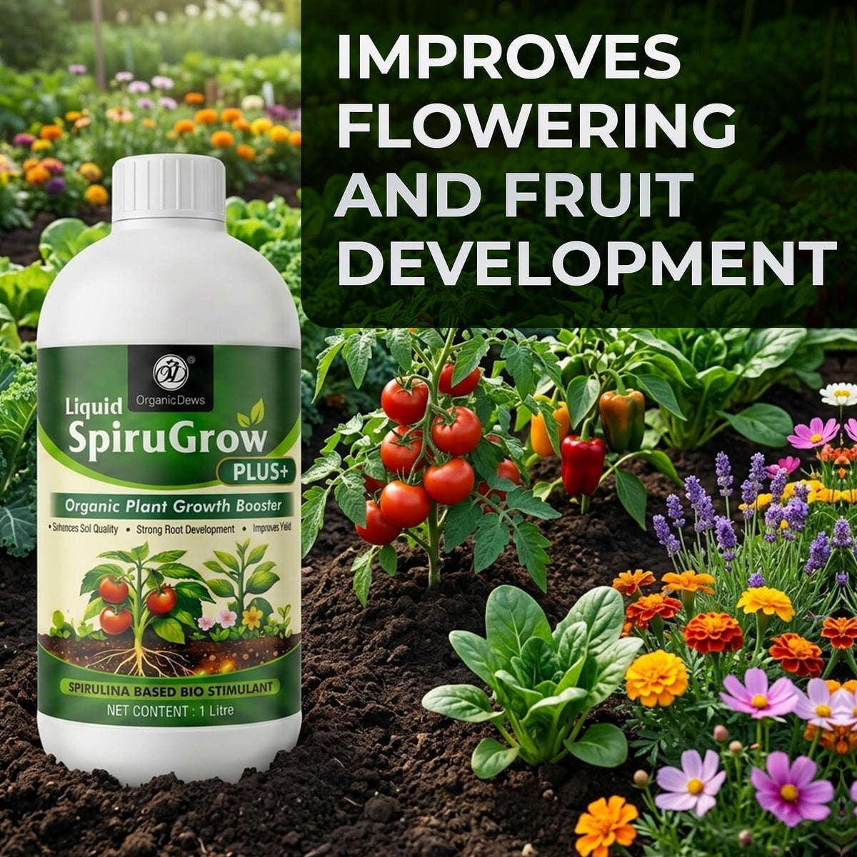 OrganicDews Liquid Spirulina Based Biostimulant for Plants - Organic Plant Growth Booster Improves Root Growth, Leaf Health & Flowering - For Indoor, Outdoor, Terrace & Garden Plants