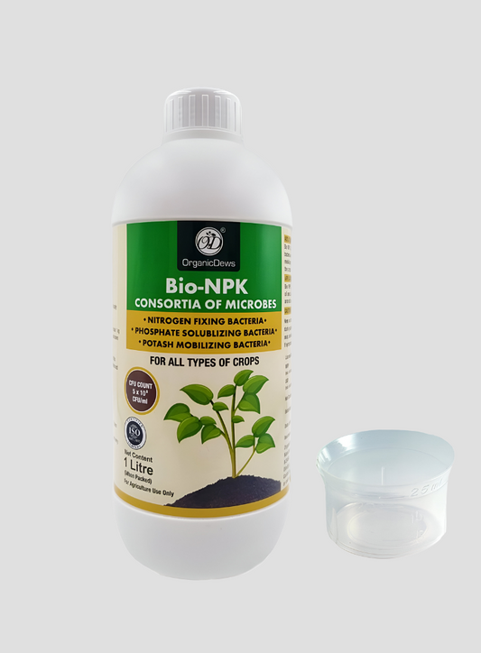 OrganicDews Bio NPK Consortia (5 × 10⁸ CFU/ml) | Bio-Inoculum Fertilizer for Plants | 1 Litre | Improves Soil Fertility & Supports Plant Growth and Yield