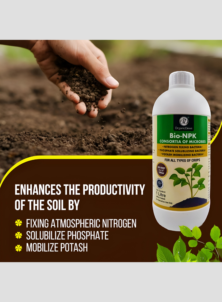 OrganicDews Bio NPK Consortia (5 × 10⁸ CFU/ml) | Bio-Inoculum Fertilizer for Plants | 1 Litre | Improves Soil Fertility & Supports Plant Growth and Yield