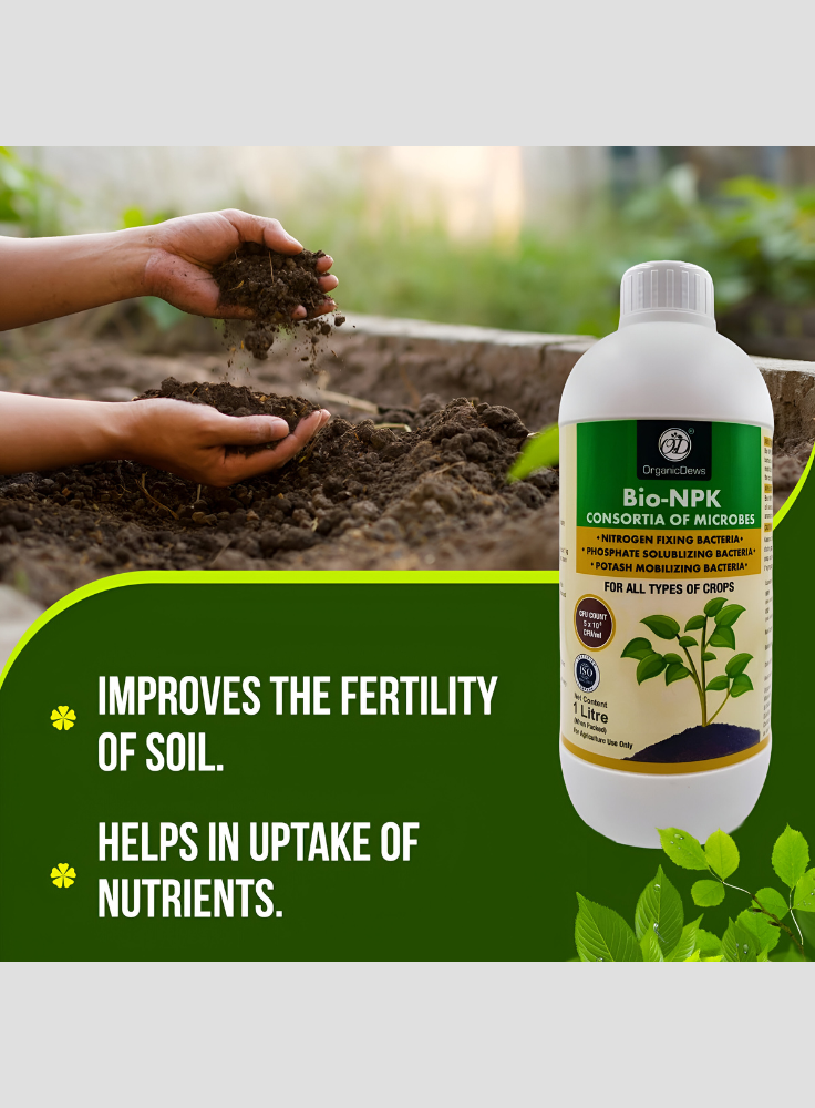 OrganicDews Bio NPK Consortia (5 × 10⁸ CFU/ml) | Bio-Inoculum Fertilizer for Plants | 1 Litre | Improves Soil Fertility & Supports Plant Growth and Yield