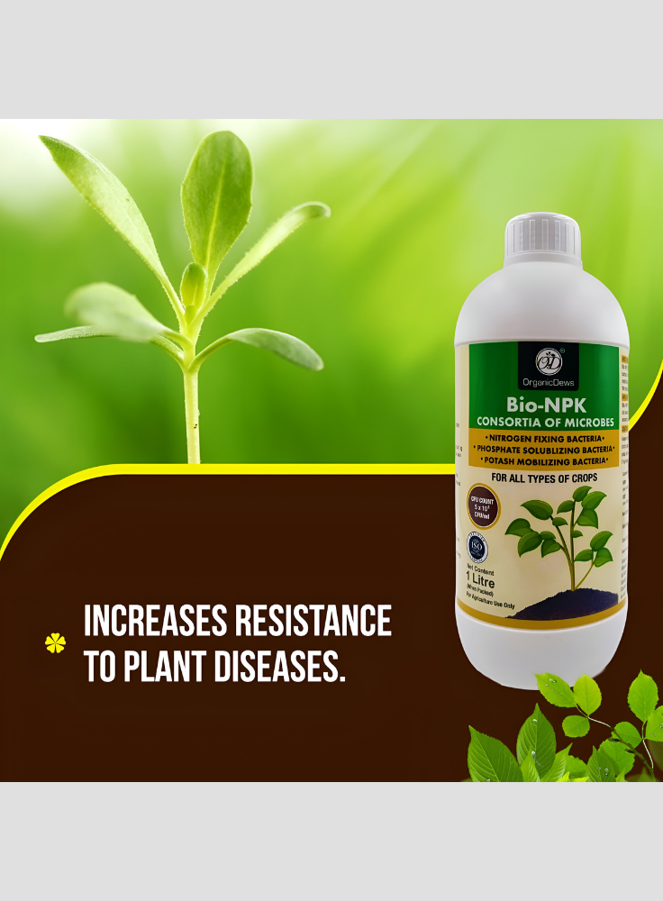 OrganicDews Bio NPK Consortia (5 × 10⁸ CFU/ml) | Bio-Inoculum Fertilizer for Plants | 1 Litre | Improves Soil Fertility & Supports Plant Growth and Yield